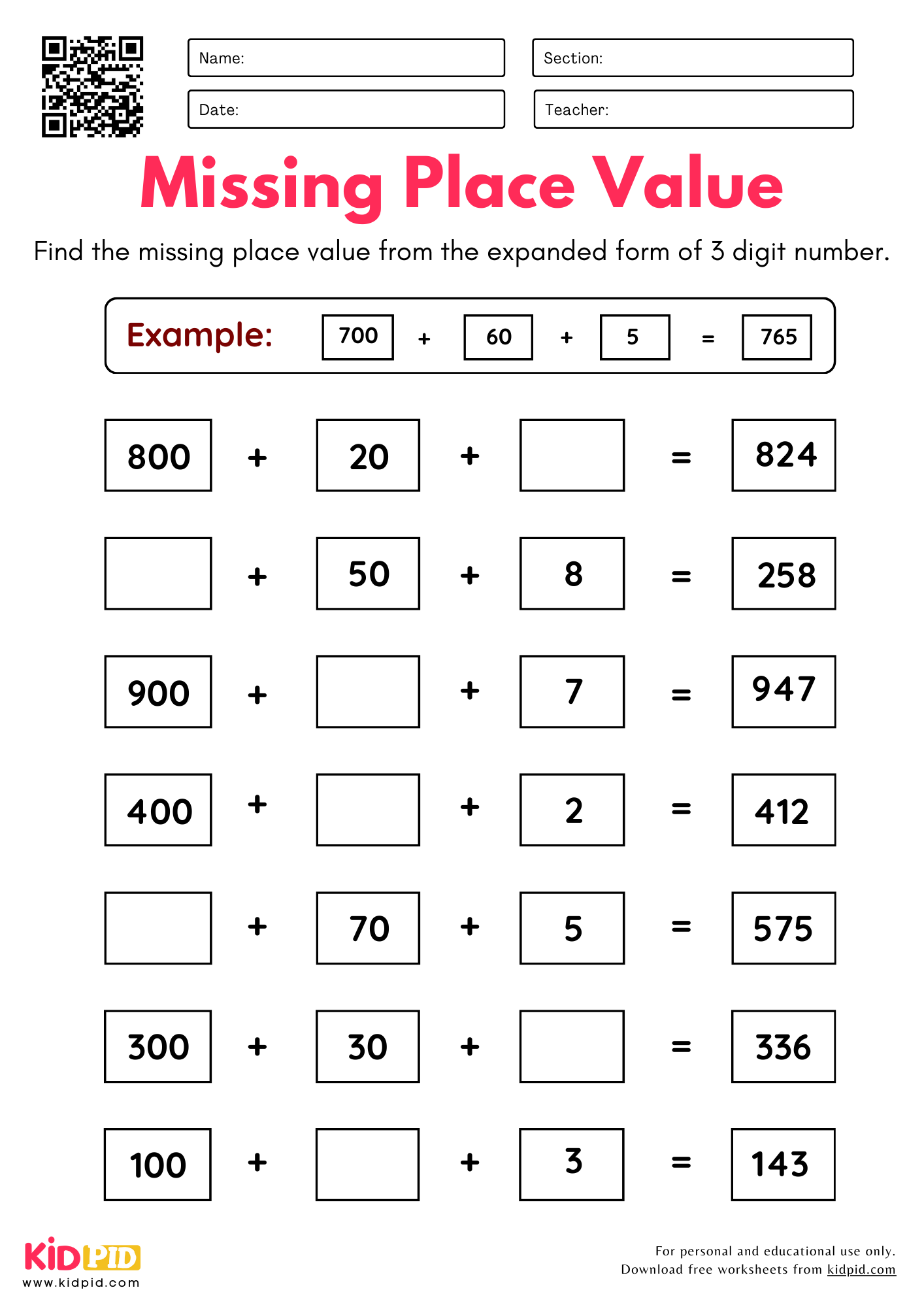 Find Missing Place Value From A 3 digit Number Worksheets For Grade 2 Kidpid