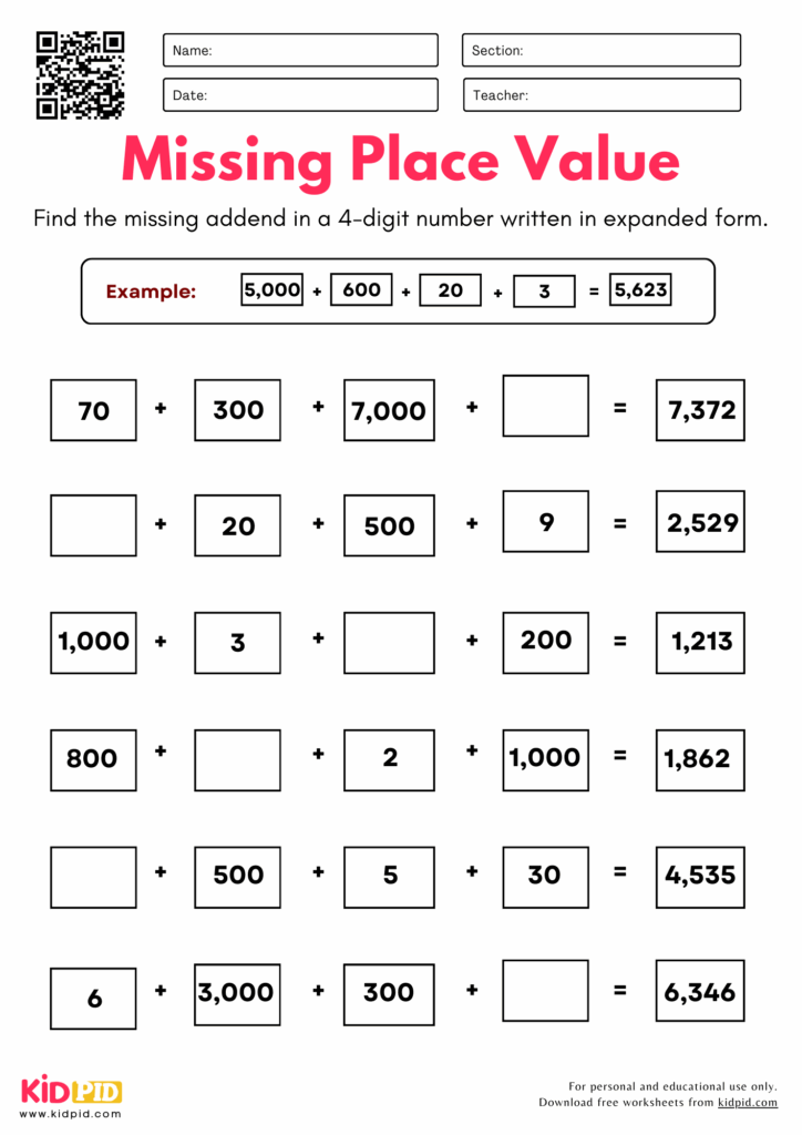 Find The Missing Place Value 4 digits Worksheet For Grade 3 Kidpid