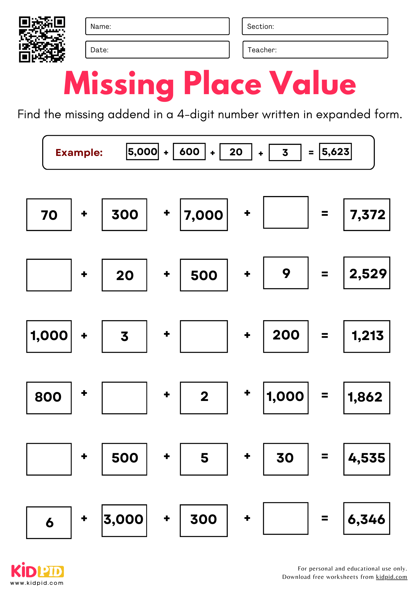 Find The Missing Place Value 4 digits Worksheet For Grade 3 Kidpid