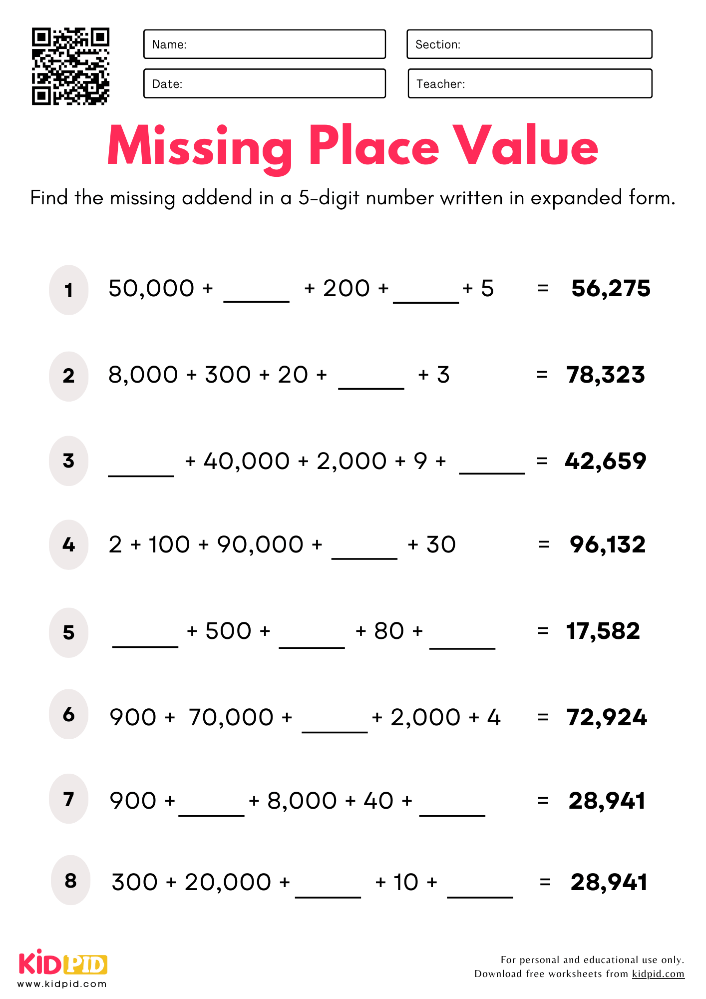 Find The Missing Place Value 5 digits Worksheet For Grade 4 Kidpid