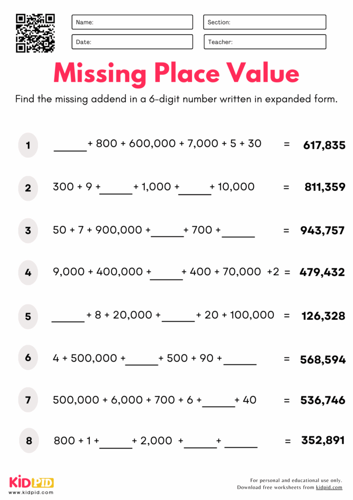 Find The Missing Place Value 6 digits Worksheet For Grade 4 Kidpid