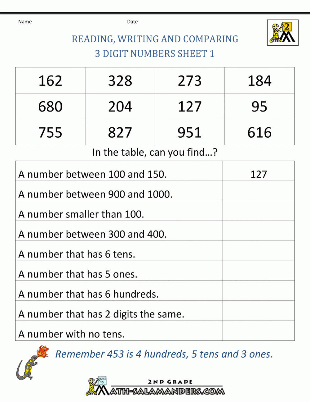 Free Place Value Worksheets Reading And Writing 3 Digit Numbers