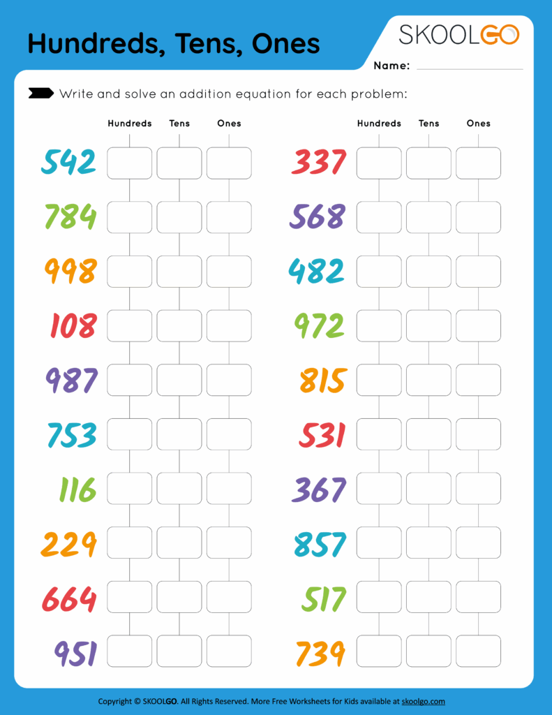 Hundreds Tens Ones Free Worksheet For Kids SKOOLGO Hundreds Tens Ones Free Worksheet For Kids SKOOLGO