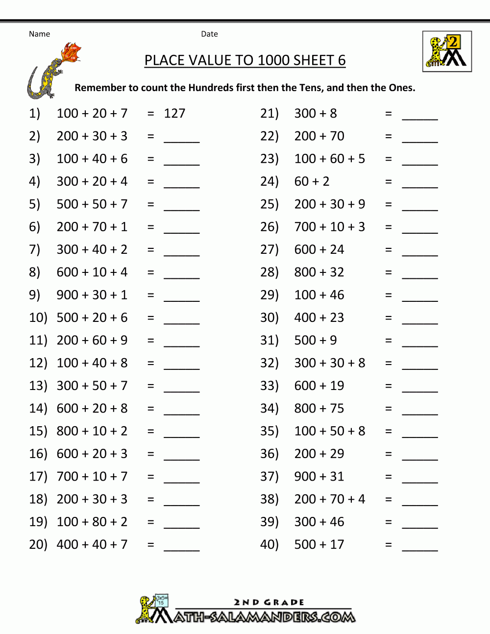 Math Place Value Worksheets To Hundreds