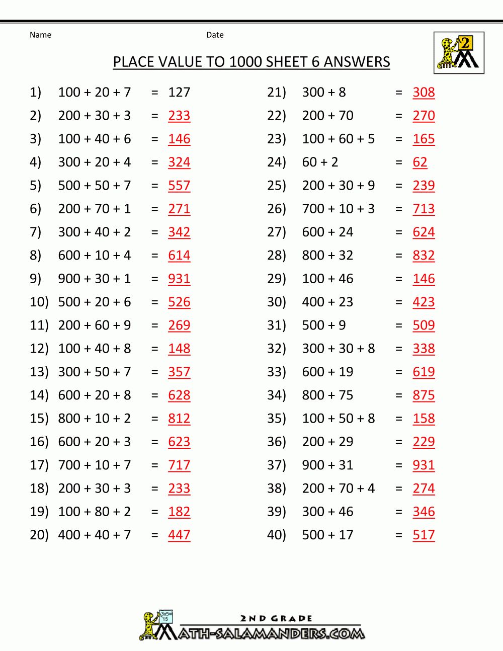 Math Place Value Worksheets To Hundreds