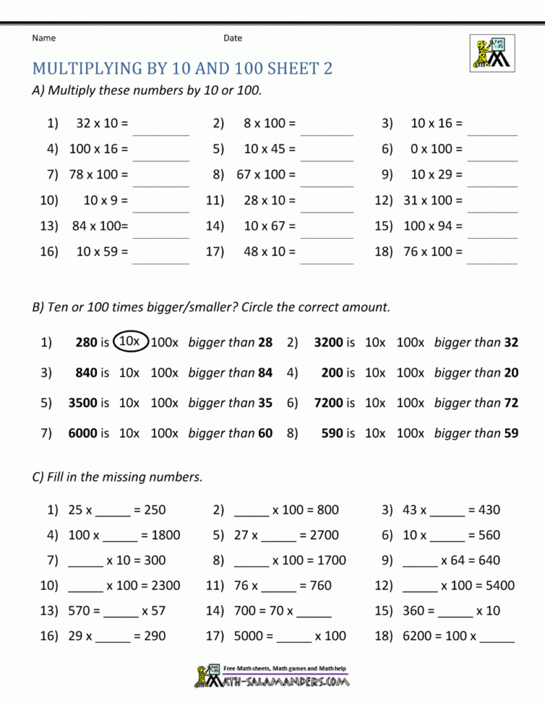Multiplying By 10 And 100 Worksheets
