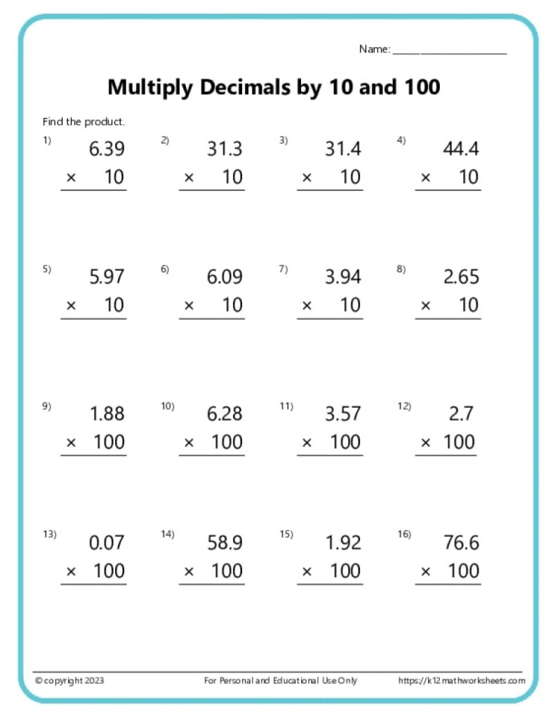 Multiplying Decimals Worksheets