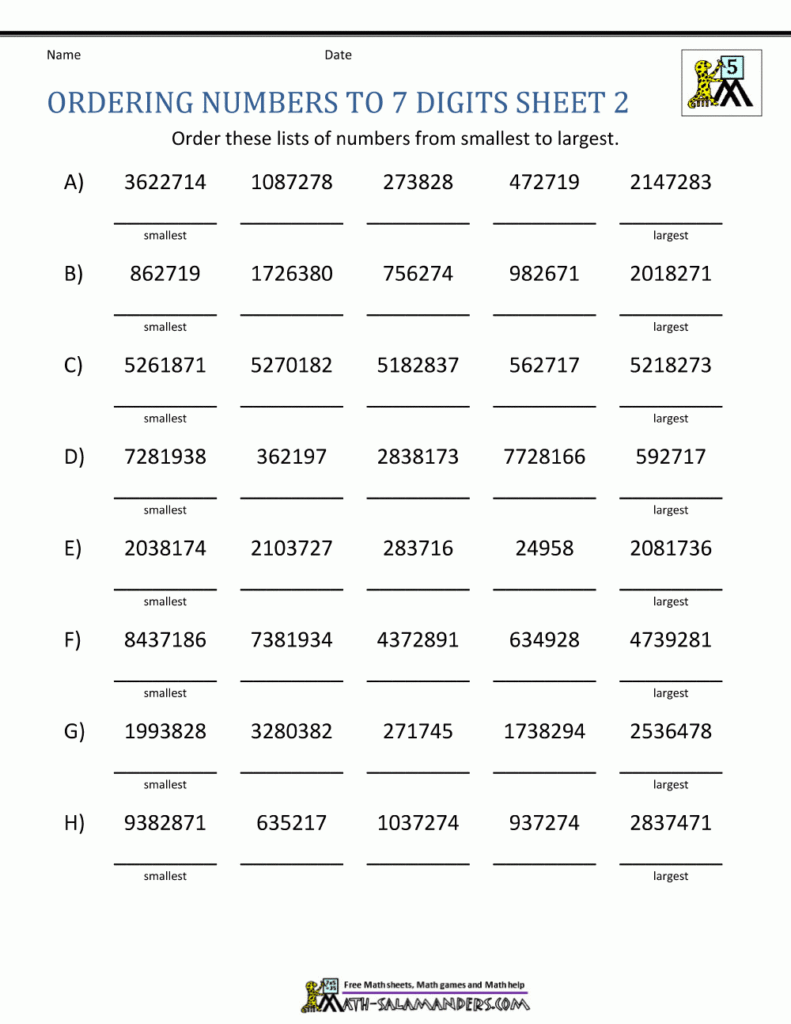 Ordering Large Numbers 5th Grade Ordering Large Numbers 5th Grade