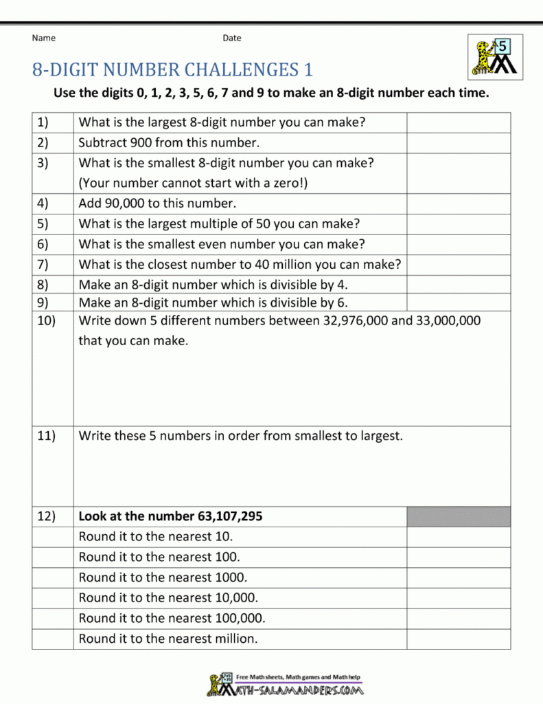 Ordering Large Numbers 5th Grade Ordering Large Numbers 5th Grade