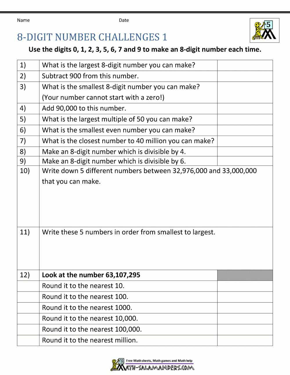 Ordering Large Numbers 5th Grade