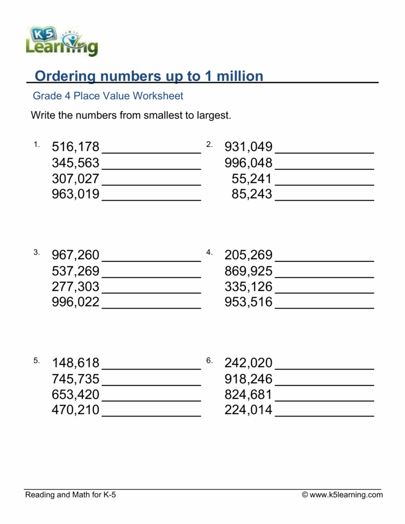 Ordering Numbers To 1 Million Worksheet