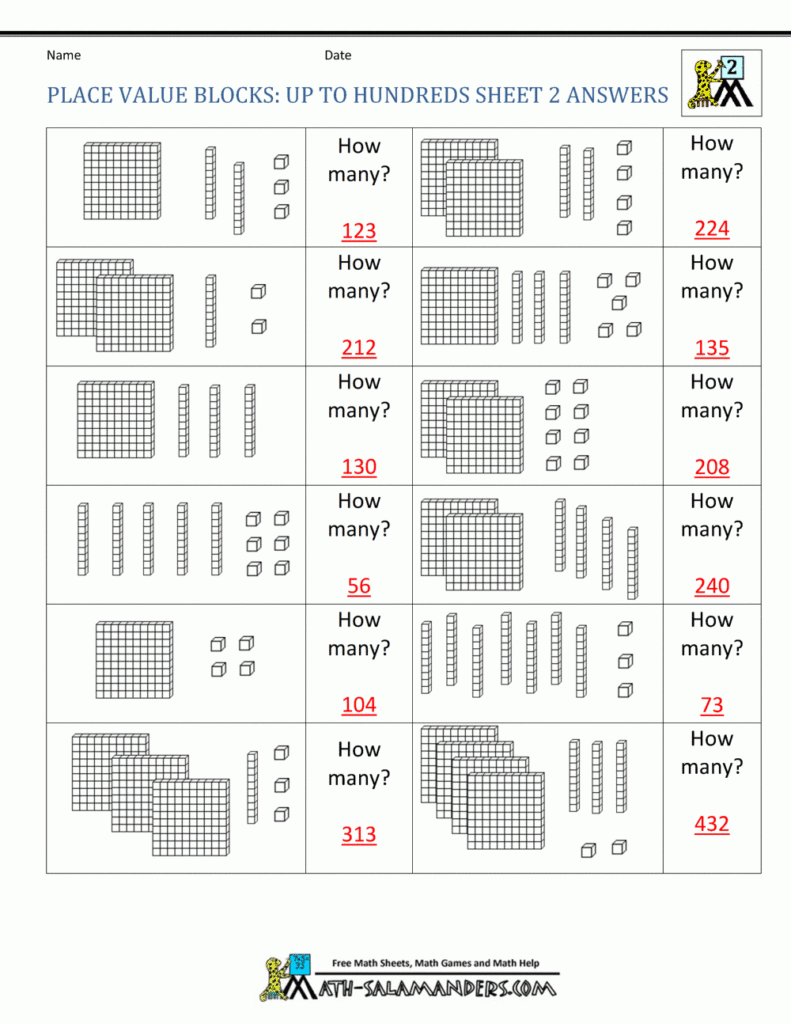 Place Value Blocks Up To Hundreds Sheet 2 Answers