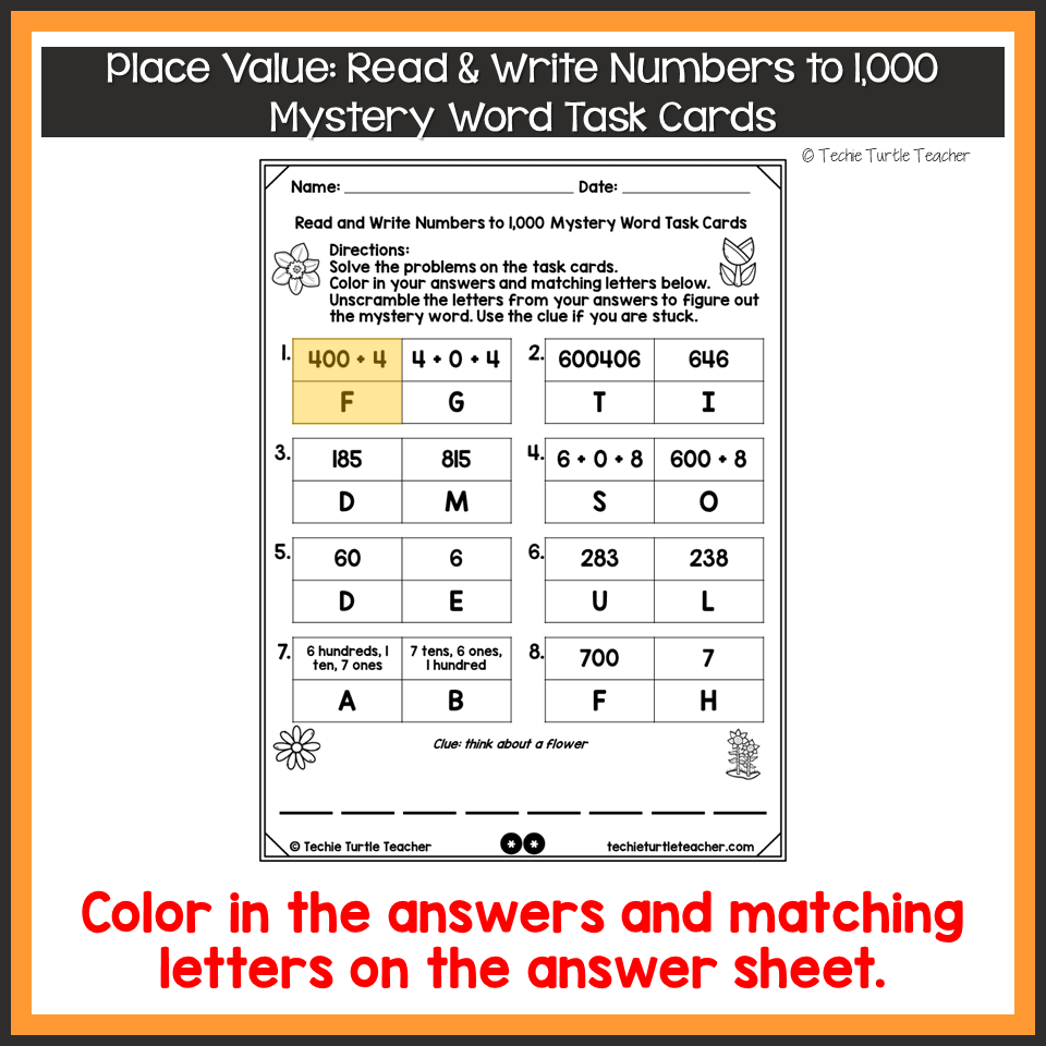 Place Value Mystery Word Task Card Activity Read Write Numbers 8 Cards Classful