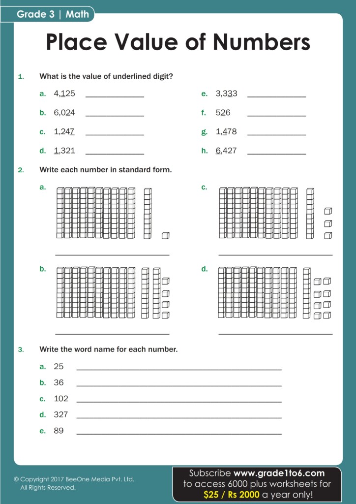Place Value Of Whole Numbers Worksheet Grade1to6