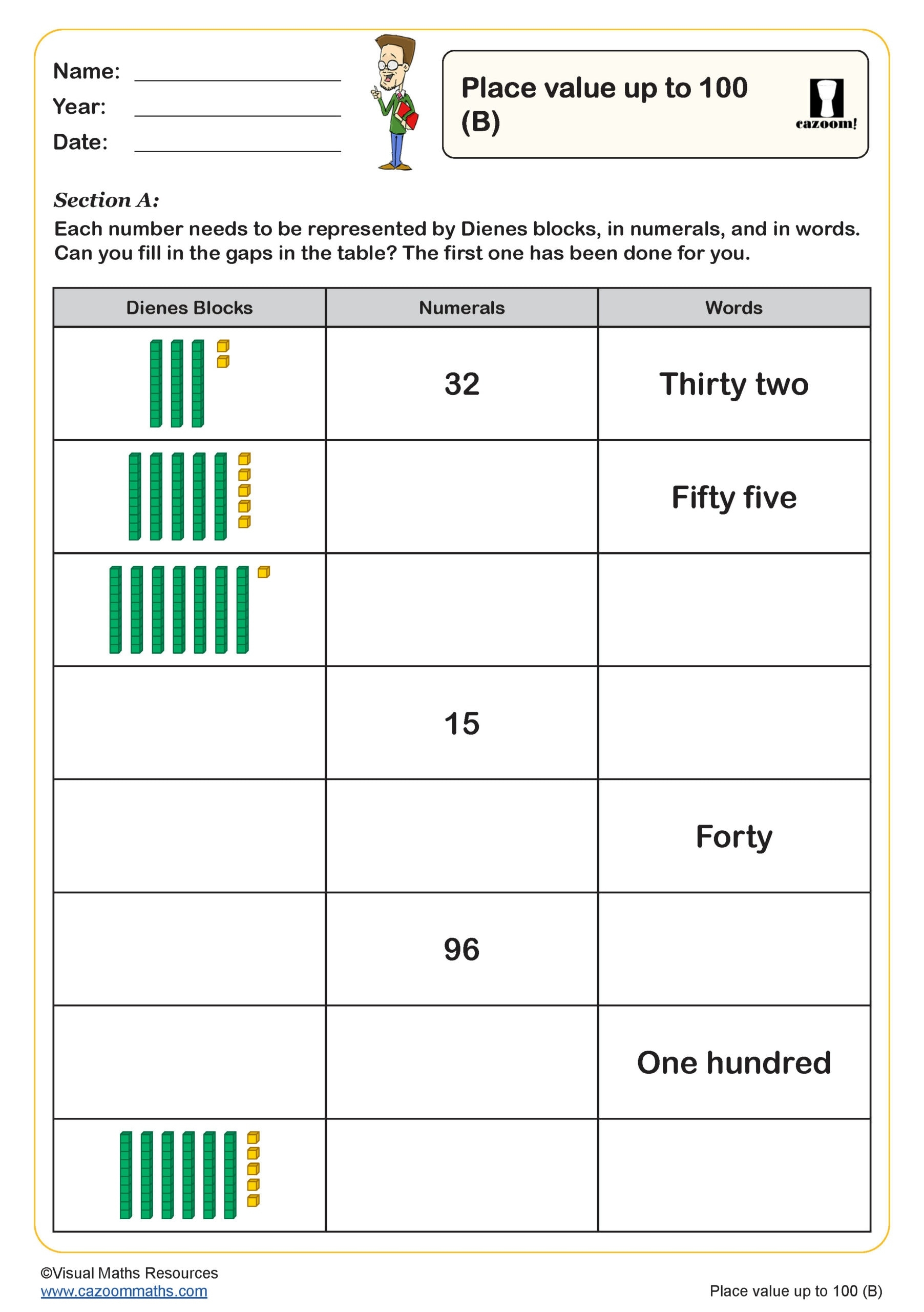 Place Value Up To 100 B Worksheet Key Stage 1 PDF Number Worksheets