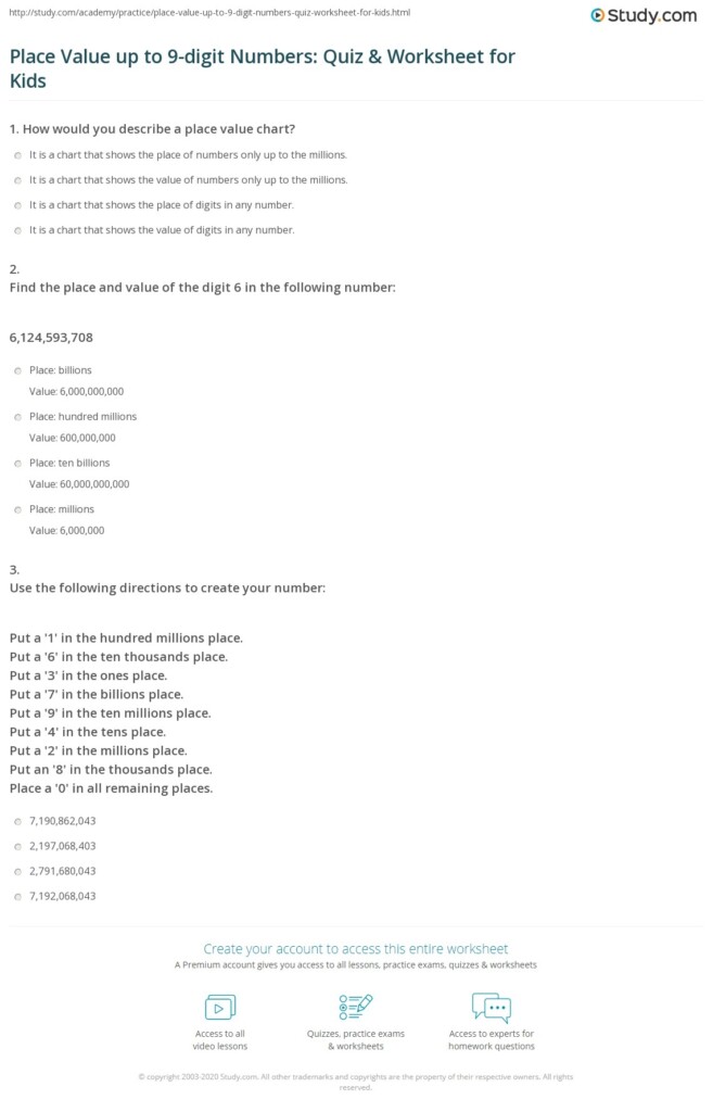 Place Value Up To 9 digit Numbers Quiz Worksheet For Kids Study