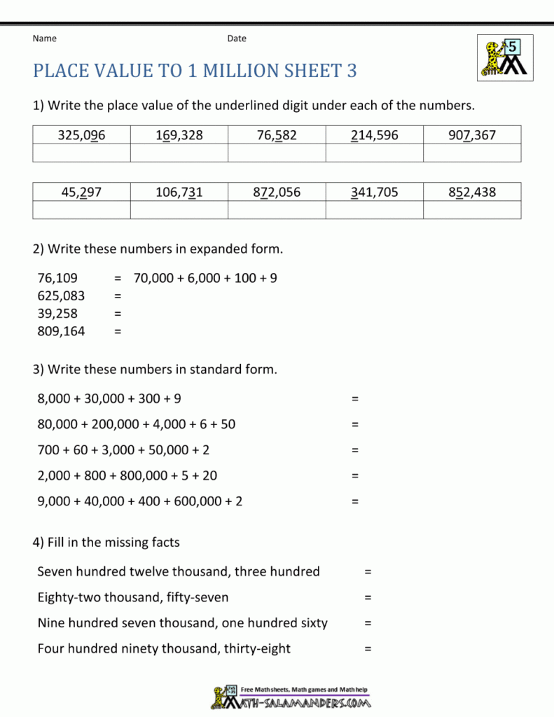 Place Value Worksheet Up To 10 Million