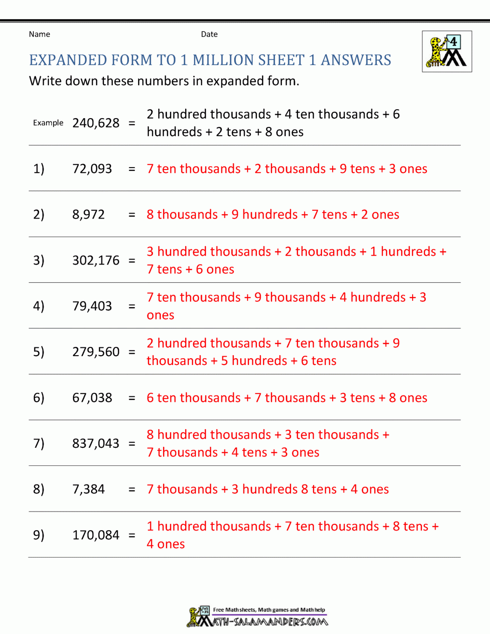 Place Value Worksheet Up To 10 Million