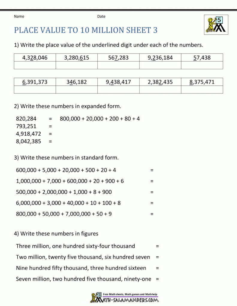 Place Value Worksheet Up To 10 Million Place Value Worksheet Up To 10 Million