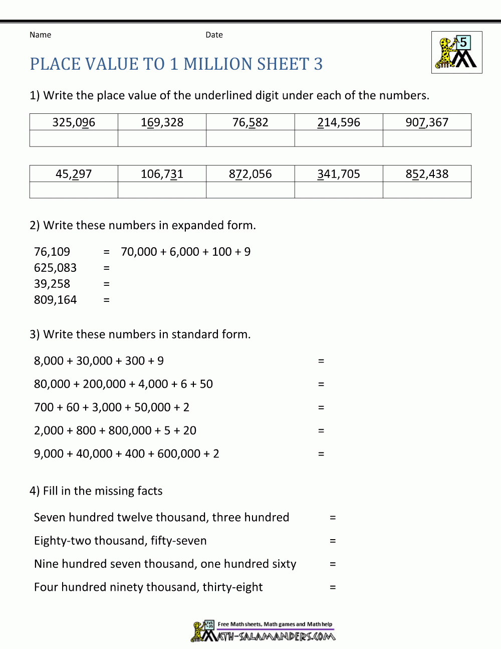 Place Value Worksheet Up To 10 Million