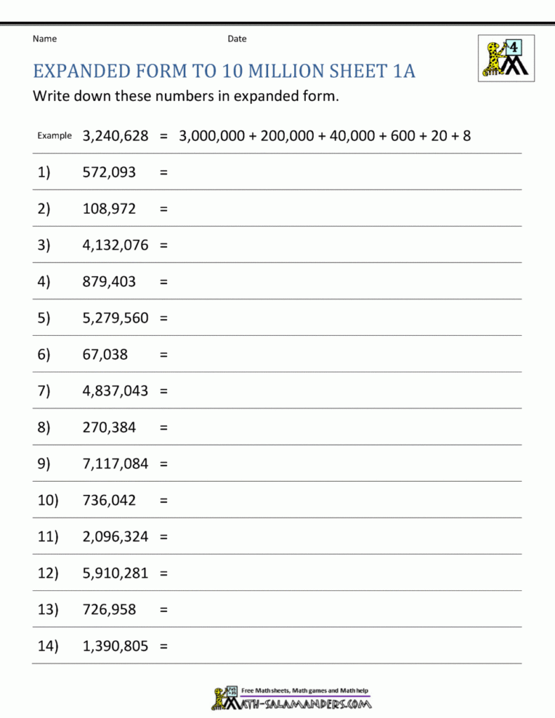 Place Value Worksheet Up To 10 Million