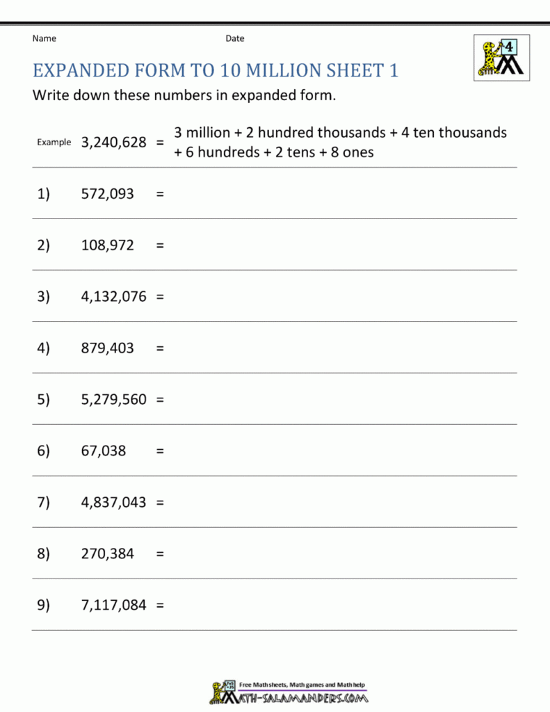 Place Value Worksheet Up To 10 Million Place Value Worksheet Up To 10 Million