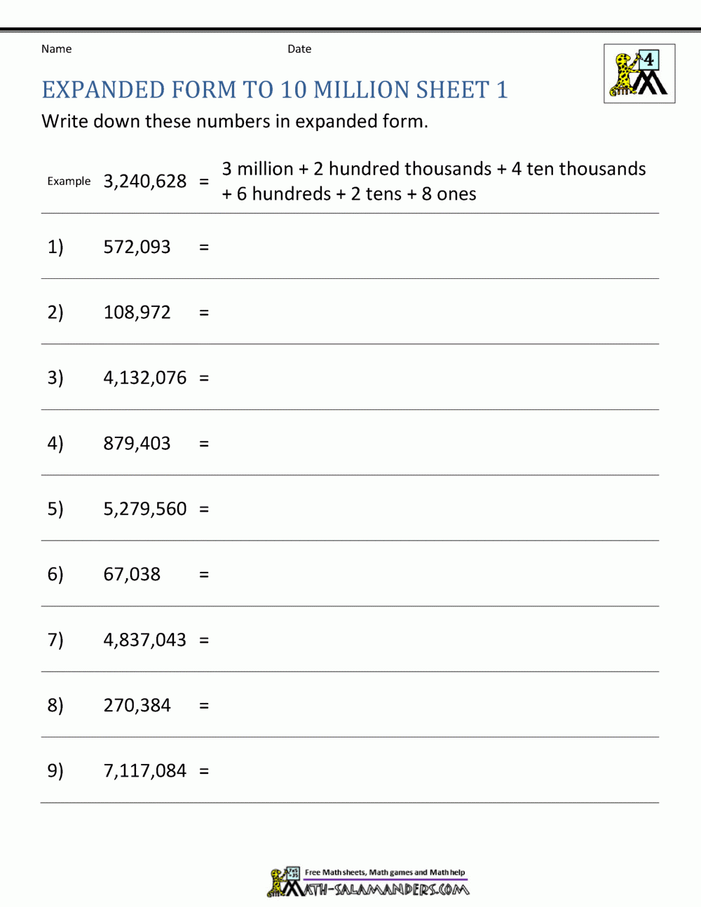 Place Value Worksheet Up To 10 Million
