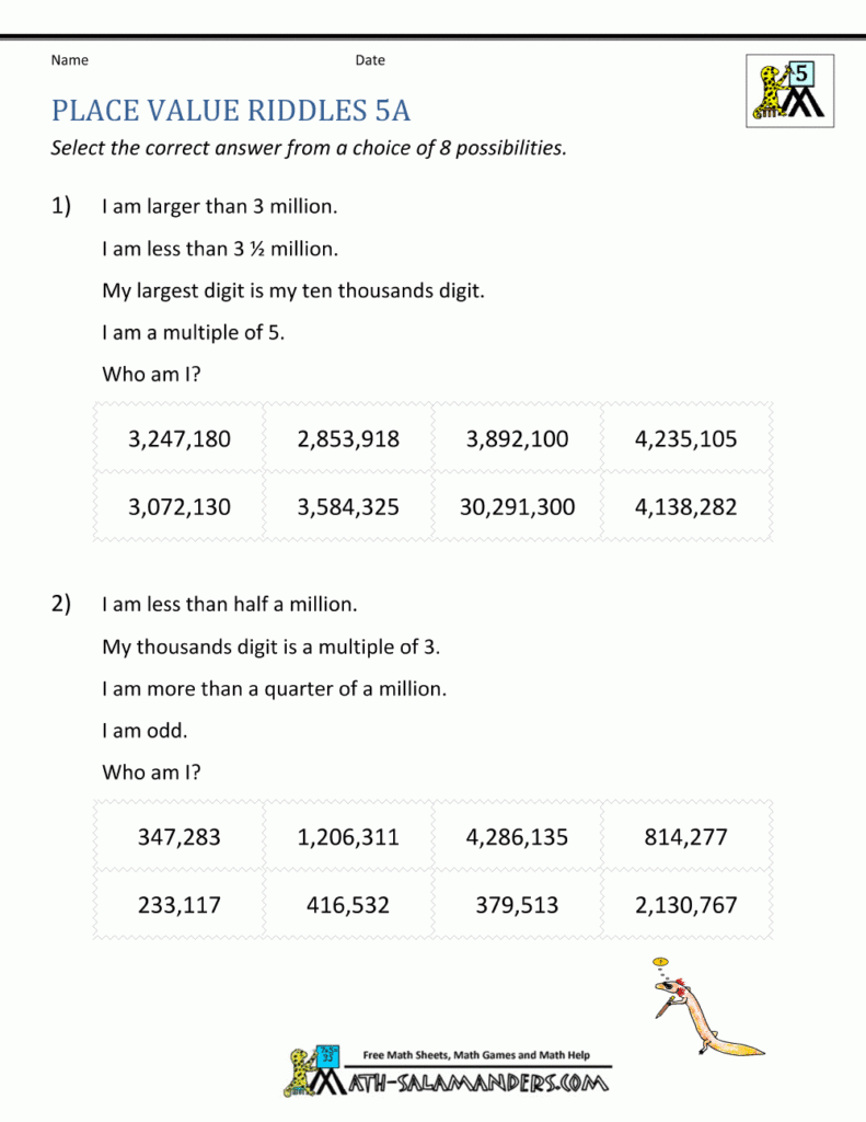 Place Value Worksheet Up To 10 Million