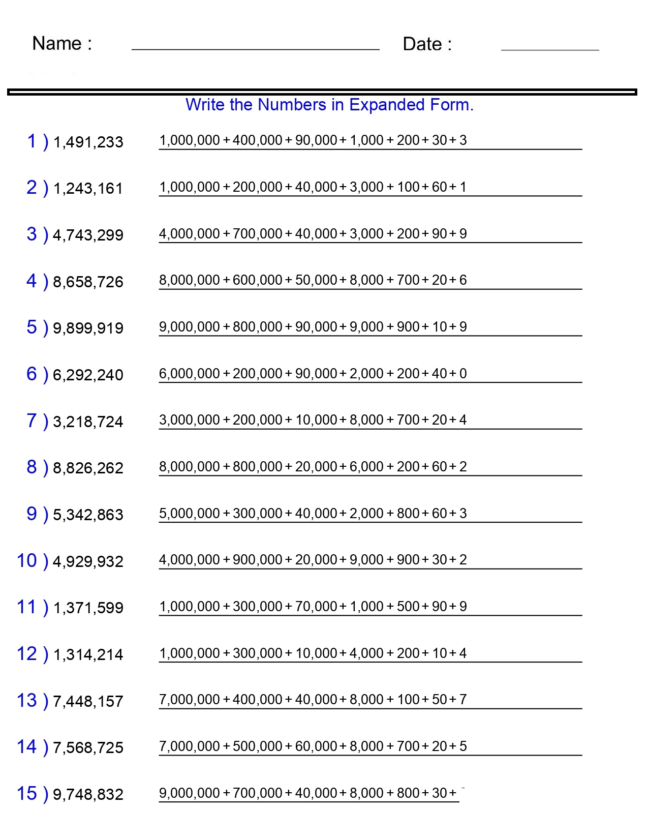 Place Value Worksheets Expanded Form With Billions Worksheets 7 8 And 9 Digits Made By Teachers