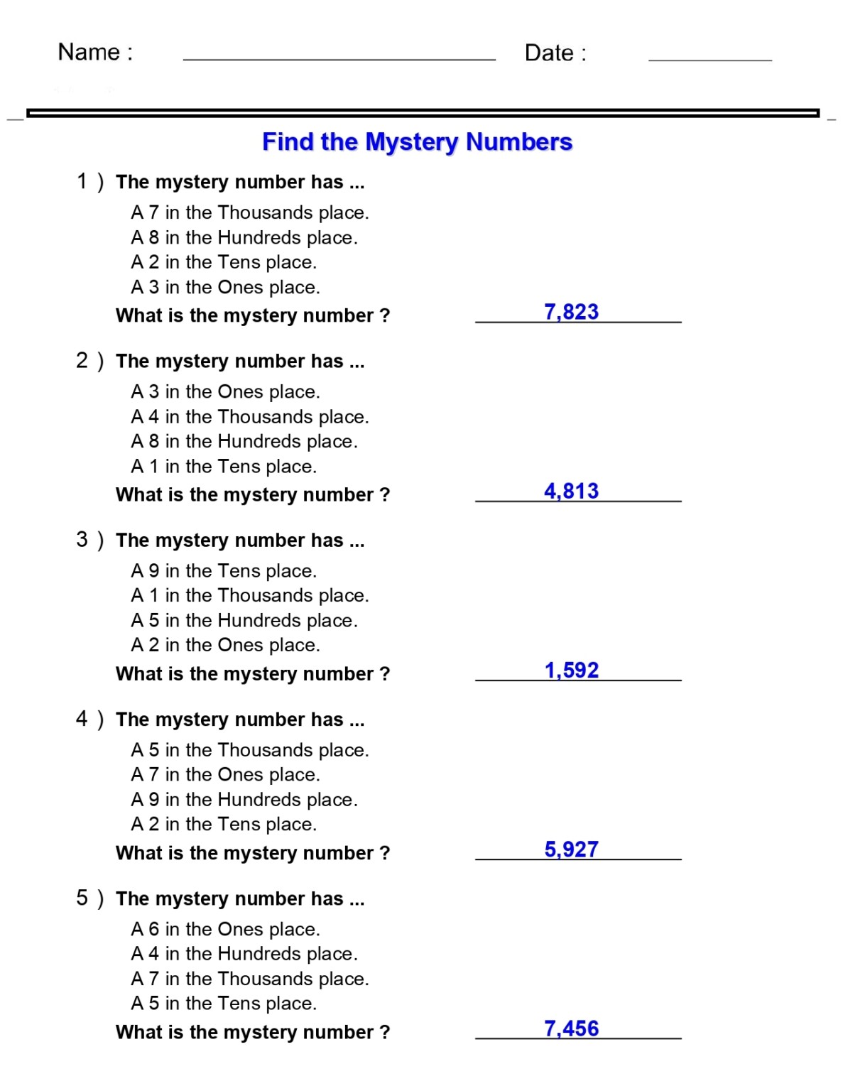 Mystery Number Worksheets 4Th Grade Place Value - PlaceValueWorksheet.com