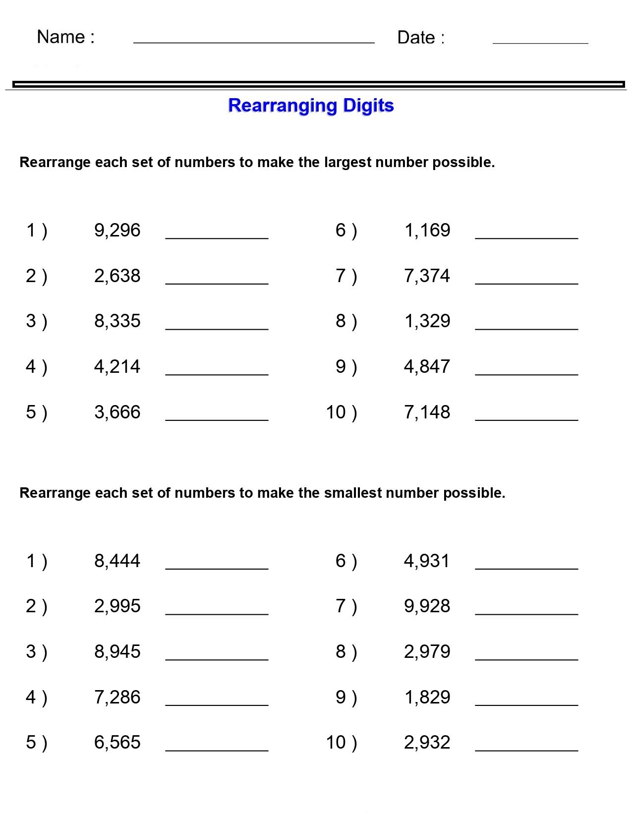 Place Value Worksheets Rearranging Digits Worksheets Made By Teachers
