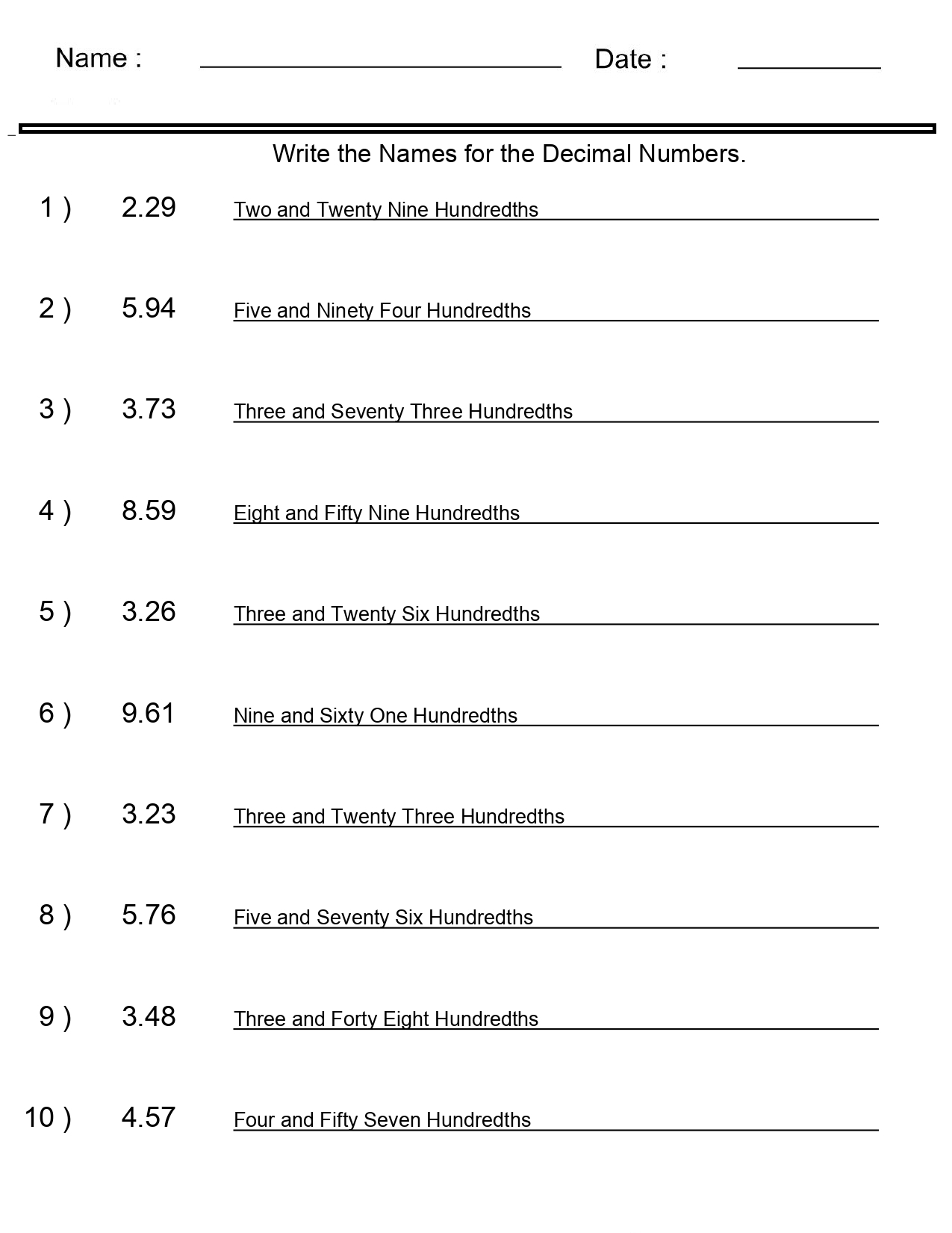 Place Value Worksheets Word Names For Decimal Numbers Worksheets 2 Digits Hun Made By Teachers