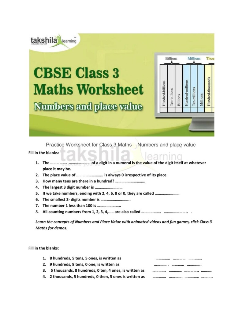 PPT Practice Worksheet For Class 3 Maths Numbers And Place Value PowerPoint Presentation ID 7835346