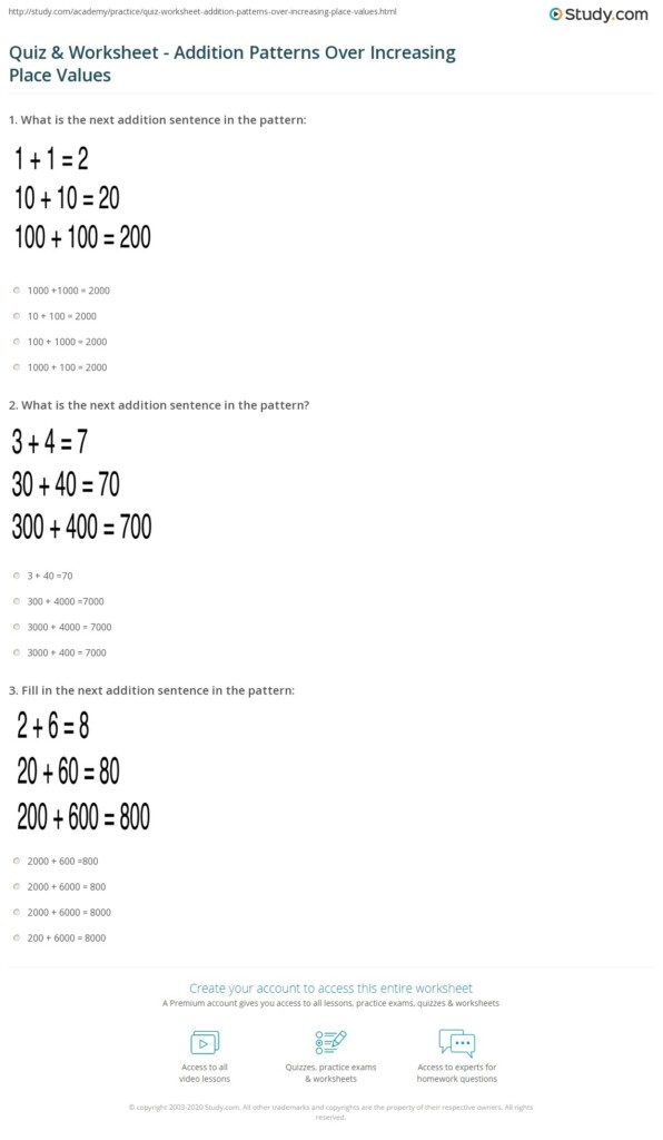Quiz Worksheet Addition Patterns Over Increasing Place Values Study