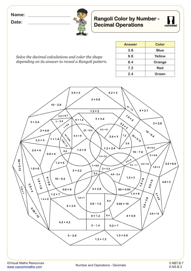 Rangoli Color By Number Decimal Operations Worksheet Printable PDF 5th And 6th Grade Number Operations Worksheet Cazoom Math