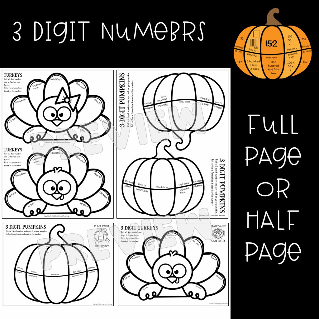 Turkey And Pumpkin Place Value Activity Fall Place Value Worksheets Made By Teachers