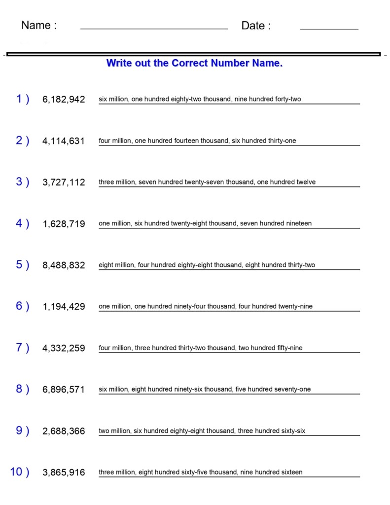 Word Names For Numbers In The Billions Worksheets 7 Digits 8 Digits Made By Teachers